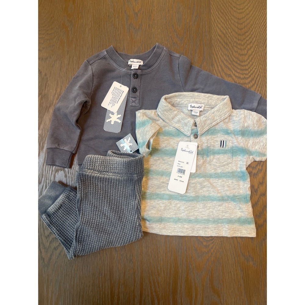 Splendid Baby Boy 3PC Bundle Gray Henley Waffle Joggers & Striped Polo 3-6M NWT